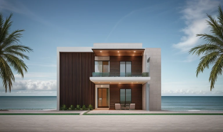 exterior house, contemporary style, white wall, wood wall, wood door, glass window, (realistic:1.2), Masterpiece, high quality, best quality, authentic, super detail, outdoors,road,pavement, grass, trees, sky, cloud, (daylight:1.1), modern luxury villa, coconut trees, greenery landscape, along the white beach, clear sky, day time, warm lighting RAW Photo, RAW texture, Super Realistic, 32K UHD, DSLR, soft lighting, high quality, film rating, Fujifilm XT3