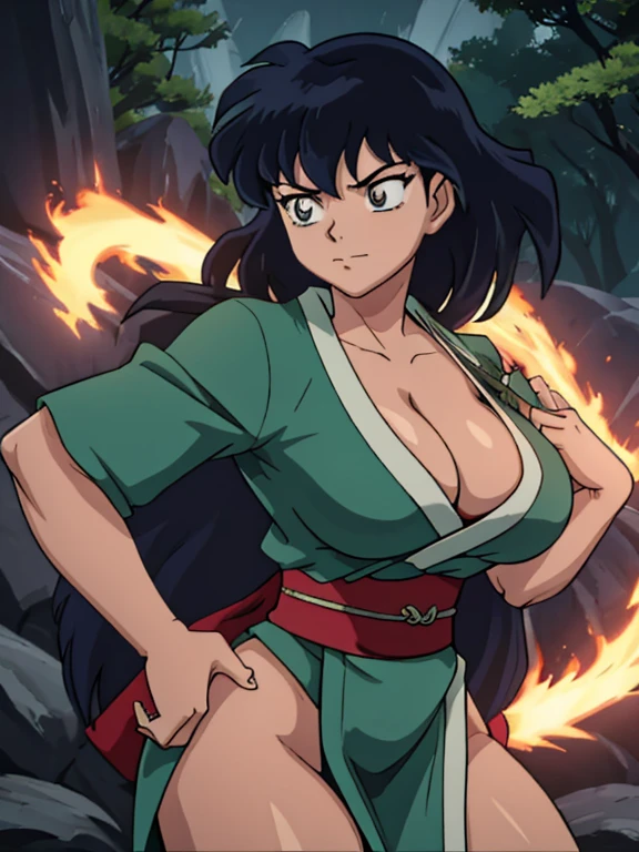 masterpiece, best quality, Kagome Higurashi, 25 years old, matured face, beautiful detailed eyes, ultra detailed eyes, extremely detailed face, large breasts, cleavage, very busty, big hips, strong muscles, athletic physique, She stands tall while wearing a short green kimono. she's looking directly at the camera with an confident smirk. Her gaze is both alluring and fierce as she is in a fighting stance. cowboy shot, Perfect Anatomy,(Professional Lighting), 4k textures, epic artistic, sharp focus, even lighting, insane details, intricate details, hyperdetailed, rich colors, BREAK Outdoors, forest, Japanese architecture in the background