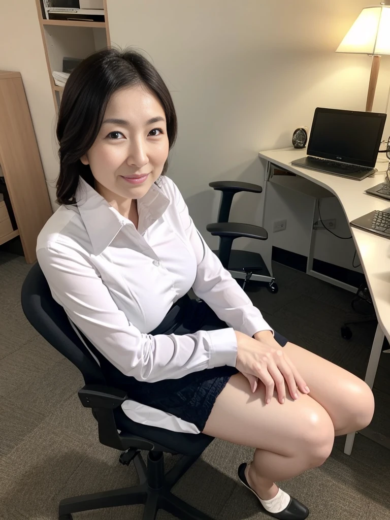 50 year old mature woman、Japanese women、sexy,Fine skin、Star Piece、Beautiful breasts High quality、Perfect Sentence、so beautiful、High resolution face、Light makeup、Beautiful ass high quality、Glowing Beautiful Skin、Glowing Beautiful Skin step piece、Transparent beauty、Realistic、smile、Looking at the camera、Whitening skin、maStar Piece、Wavy Hair、Girlfriend、A tight-fitting shirt with a collar and buttons、Tight exyな下着、Large Breasts、Wrinkles around the eyes、Thin and beautiful legs、Slender、Sitting in a chair in the office