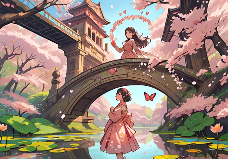 There is a woman standing in the middle. There are cherry blossoms on the left, lotus flowers on the right, and butterflies flying. Behind the woman is an arch bridge and a high tower.