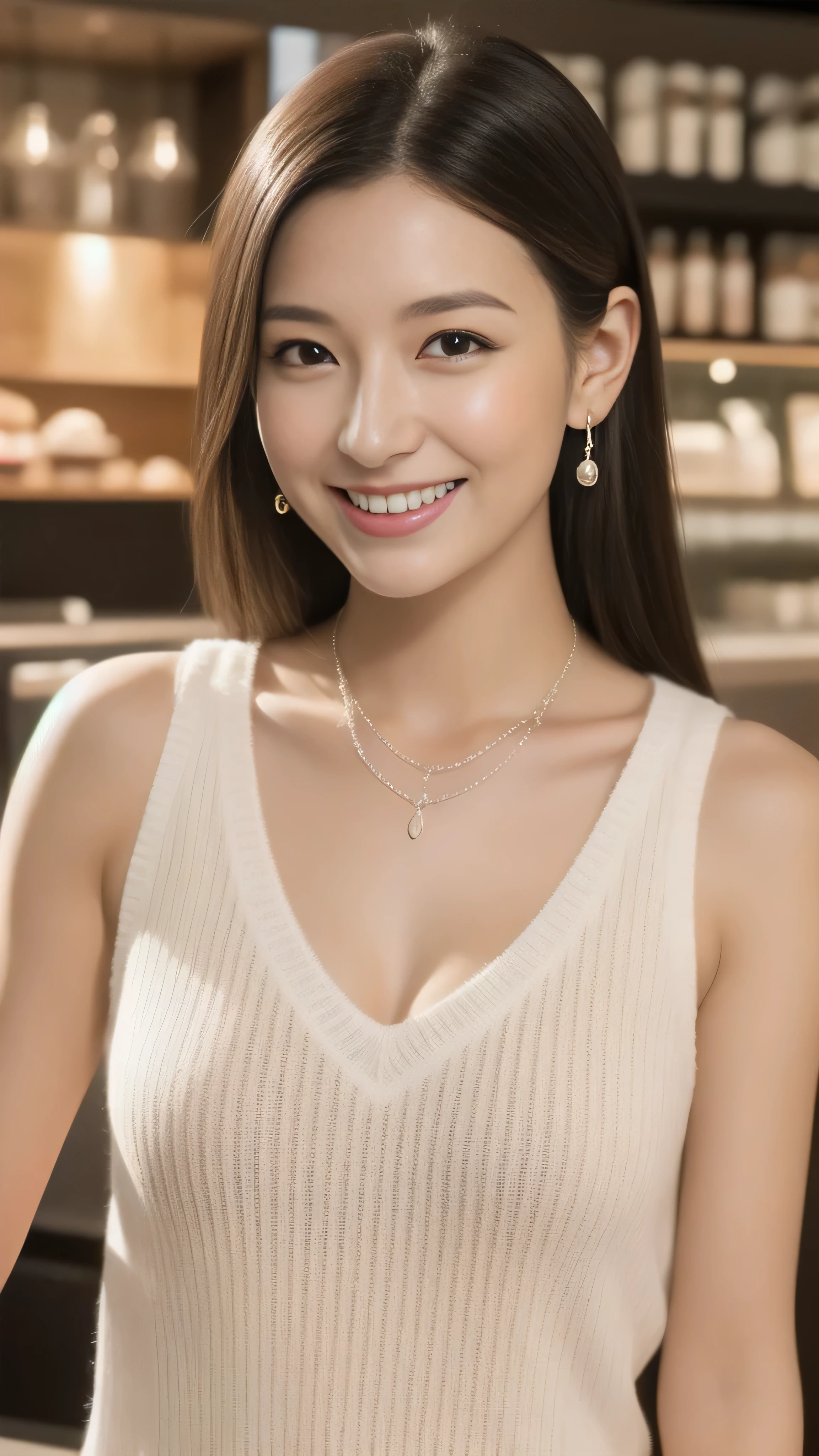 Hostess&#39;s face、Married women、Married Woman、Beauty、White sleeveless knit dress、high quality、Super Ultra Realistic、healthy、smile、Perfect figure、Japanese Beauty、 necklace、Earrings、Perfect eyes, beautiful skin、looking at the camera、Starbucks store