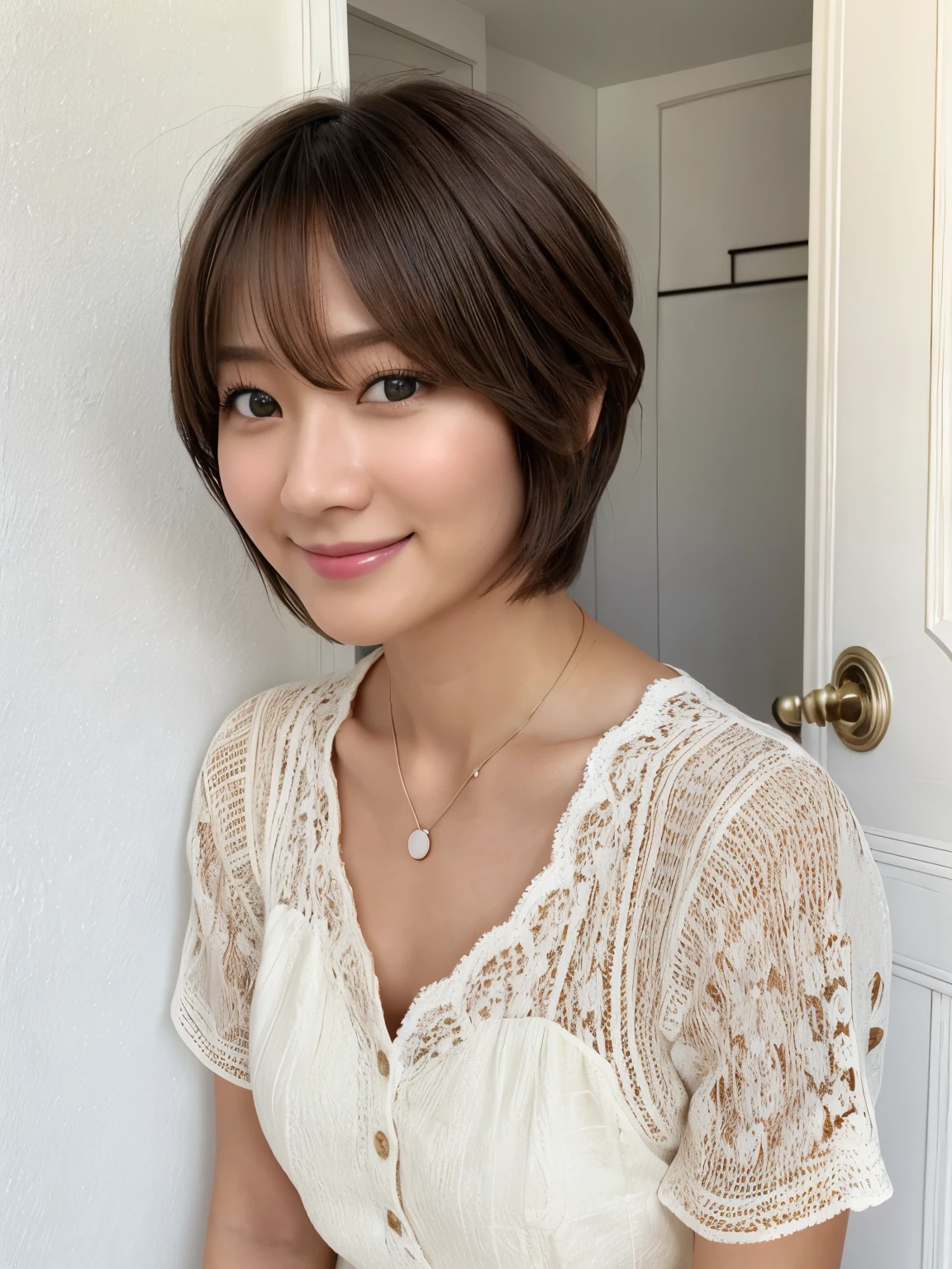 highest quality,40-year-old woman,huge ,Very short hair,Muscular,Beautiful Face,Narrow eyes,Thick lips,light makeup,Blusher,Realistic wrinkles,Tabletop、White wall、Taken in front of a white door、おしゃれなSpring Clothes、(8k、Live Shooting、highest quality、masterpiece:1.2)、High-quality RAW color photos、Professional photos、(Genuine、フォトGenuine:1.37)、Photographed in natural light、1 girl、怠惰なsmile、(Various poses)、Spring Clothes、Simple Necklace、Don'Don't look at the camera、Shortcuts、((Brown Hair))、short hair、The eye color is dark brown、Correct hand of human body、Look Down、Fluffy hair、smile