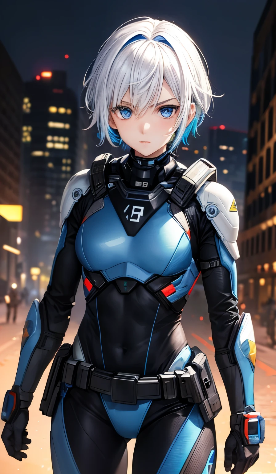 best qualityer，tmasterpiece，Ultimate resolution，downy，Extremely colorful，Colorful，Women combatants，a matural female，Short white hair，Dark blue eyes，Technology-enabled headsets，Tight combat suit，tightsuit，With a belt，Steel City background，the night，Normal posture