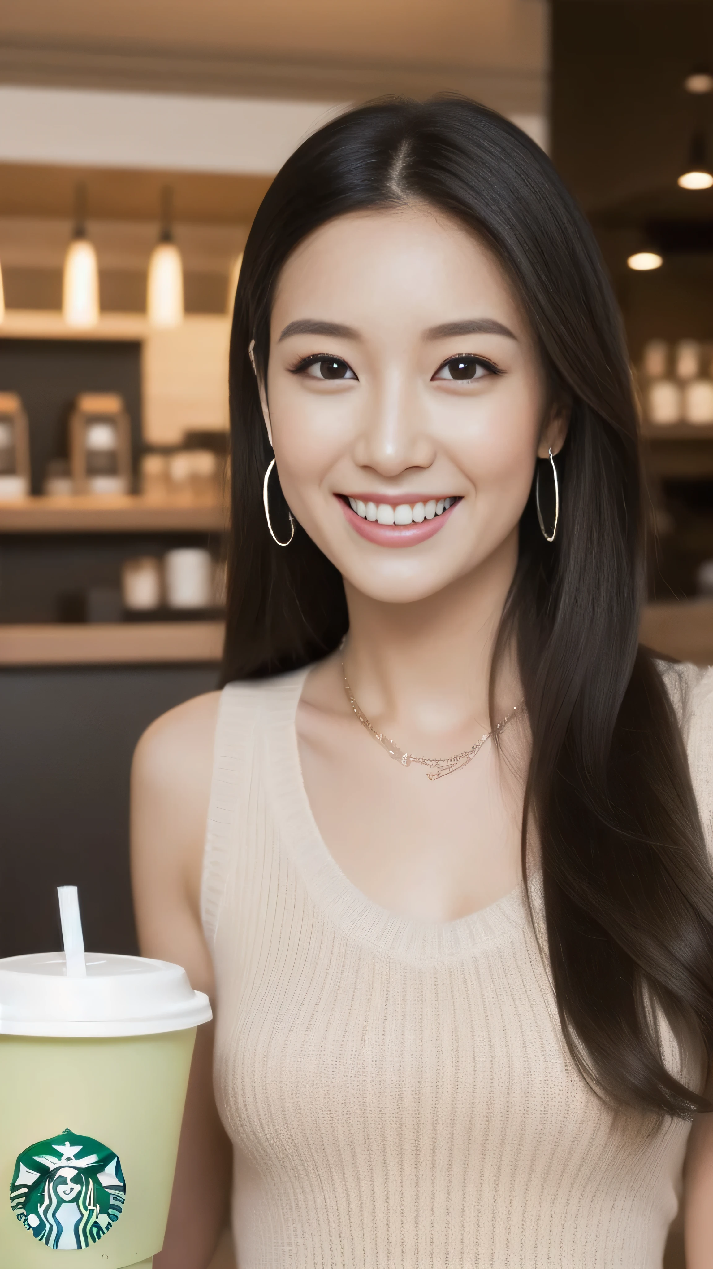 Hostess's face、Married women、Married Woman、Beauty、White sleeveless knit dress、high quality、Super Ultra Realistic、healthy、smile、Perfect figure、Japanese Beauty、 necklace、Earrings、Perfect eyes, beautiful skin、looking at the camera、Starbucks store