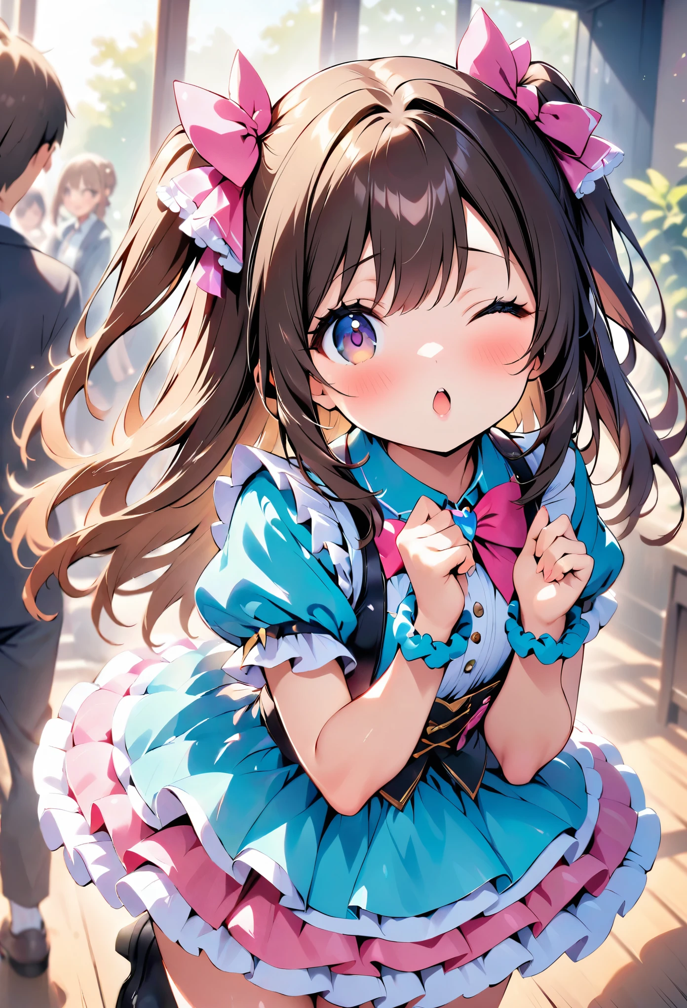 cuteガールフレンドが視聴者をお出迎えします,Blow a kiss to the audience,Wink,Welcome,cute,Adorable,1 Girl:,cute部屋着:gelato pique:Fluffy white and pink,The epitome of cuteness,Too cute for my taste,Blurred Background,Focus on the girl,Japanese Gravure Idol,Scrunchie,Beautiful, smooth, shiny brown hair,loves it,highest quality,Masterpiece,Super cute,Intricate details,eyelash,Big black eyes,The best composition,Anatomically correct,sweetheart,Illustrations that make the viewer feel fluffy,Close one eye,Show off your lips,Put your hands forward
