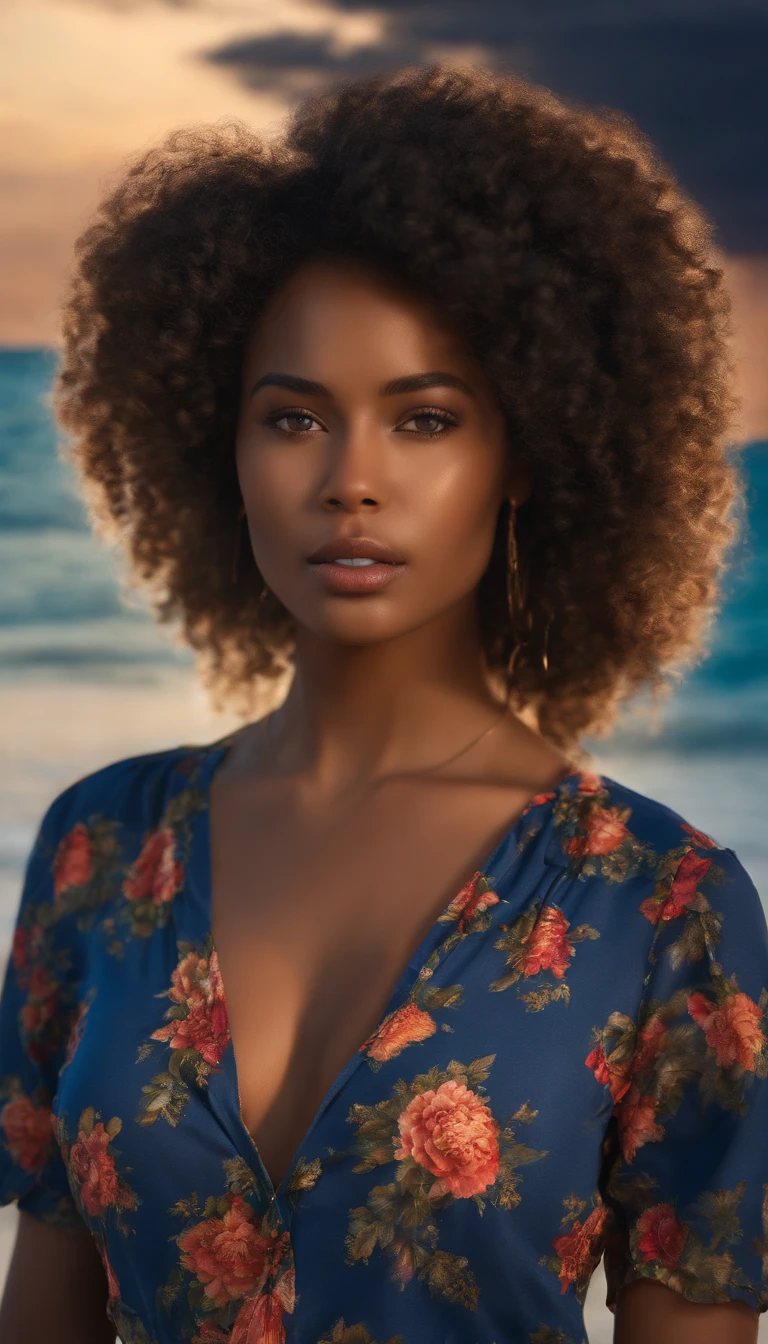 Ultra-realistic, 4K, Professional photos, 22-year-old girl, Black girl, big curly hair, High resolution, Detailed face, Medium bodied, Floral skirt, (Open blue shirt), masterpiece, (Lighting), (1 solo), Beach Background, Realistic Background, Realistic photos