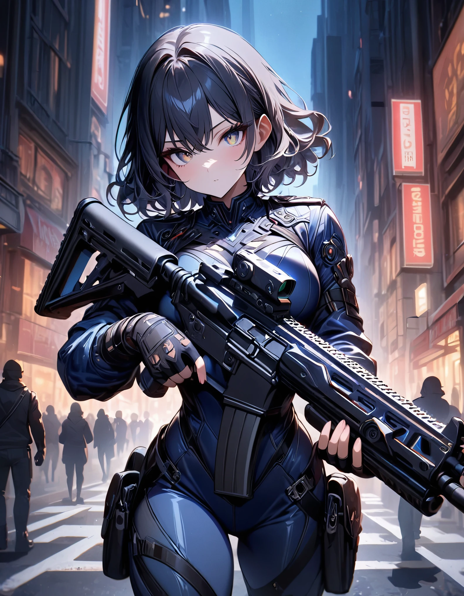 best quality, masterpiece, highres, 1girl, (solo, solo focus), (blue bodysuit, red bodice, black boots), carrying an assault rifle, (black leather jacket), fingerless gloves, black hair, short hair, wavy hair, hazel eyes, beautiful detailed eyes, beautiful detailed face, (perfect hands), perfect anatomy, perfect proportions, medium breasts, New York street backdrop, night noir atmosphere