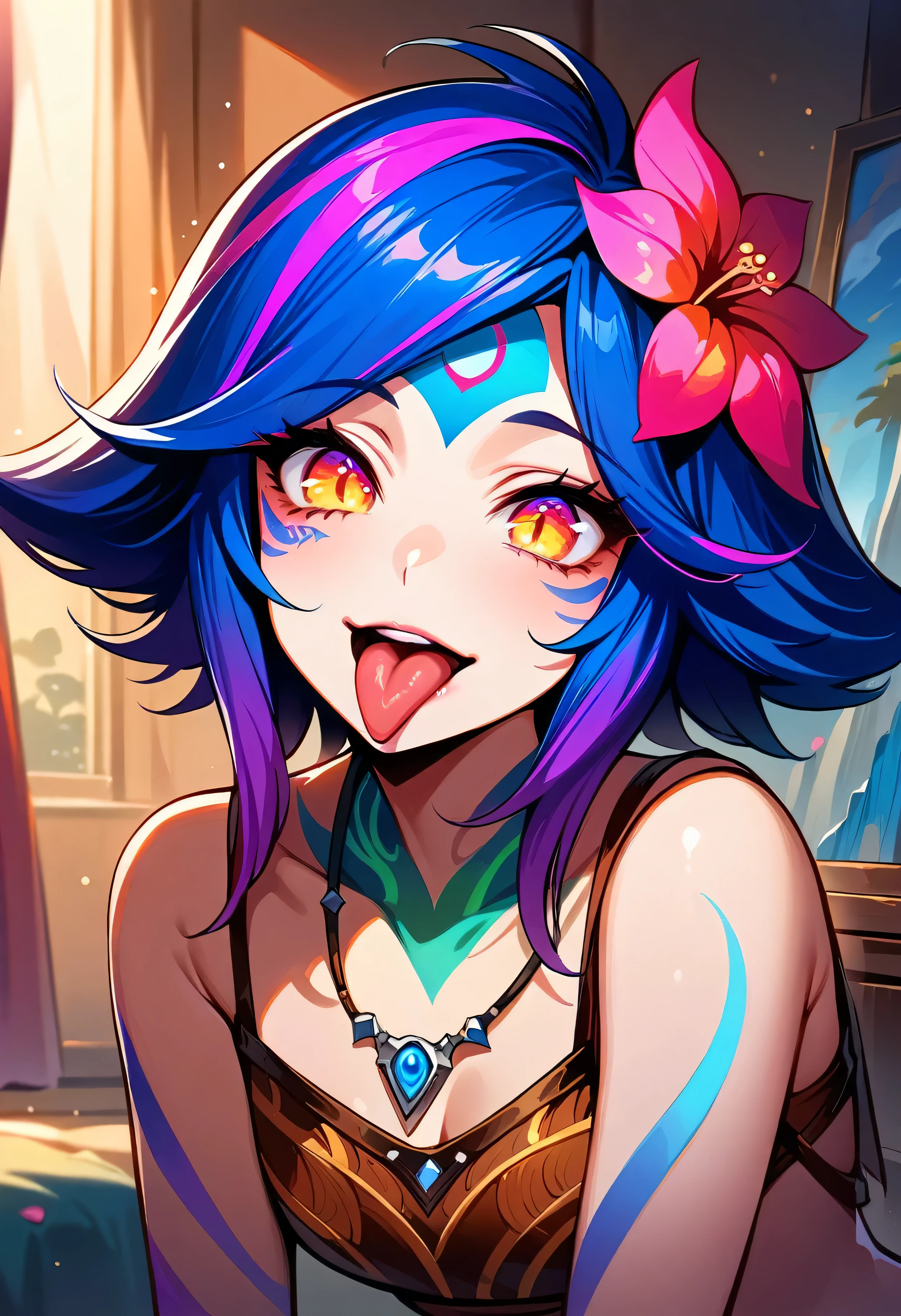 masterpiece,(best quality,top quality,8k),ultra detailed,illustration,painting,detailed eyes and face,(1girl),neeko, multicolored hair,(short hair), facial mark, forehead mark, hair ornament, hair flower, necklace,brown crop top,(showing tongue),room