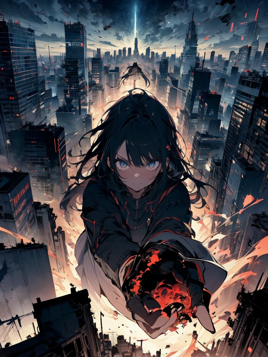 Absurd, High resolution, Very detailed, (One Girl:1.3),ruins、 complex architecture, break , Creating a destructive image of the devil, It has frightening characteristics, Dark Power, A desire for chaos and destruction. break , Capture a unique and wide perspective, Curved perspective. break , Add rooftop views to your cityscape, Panoramic cityscape, 