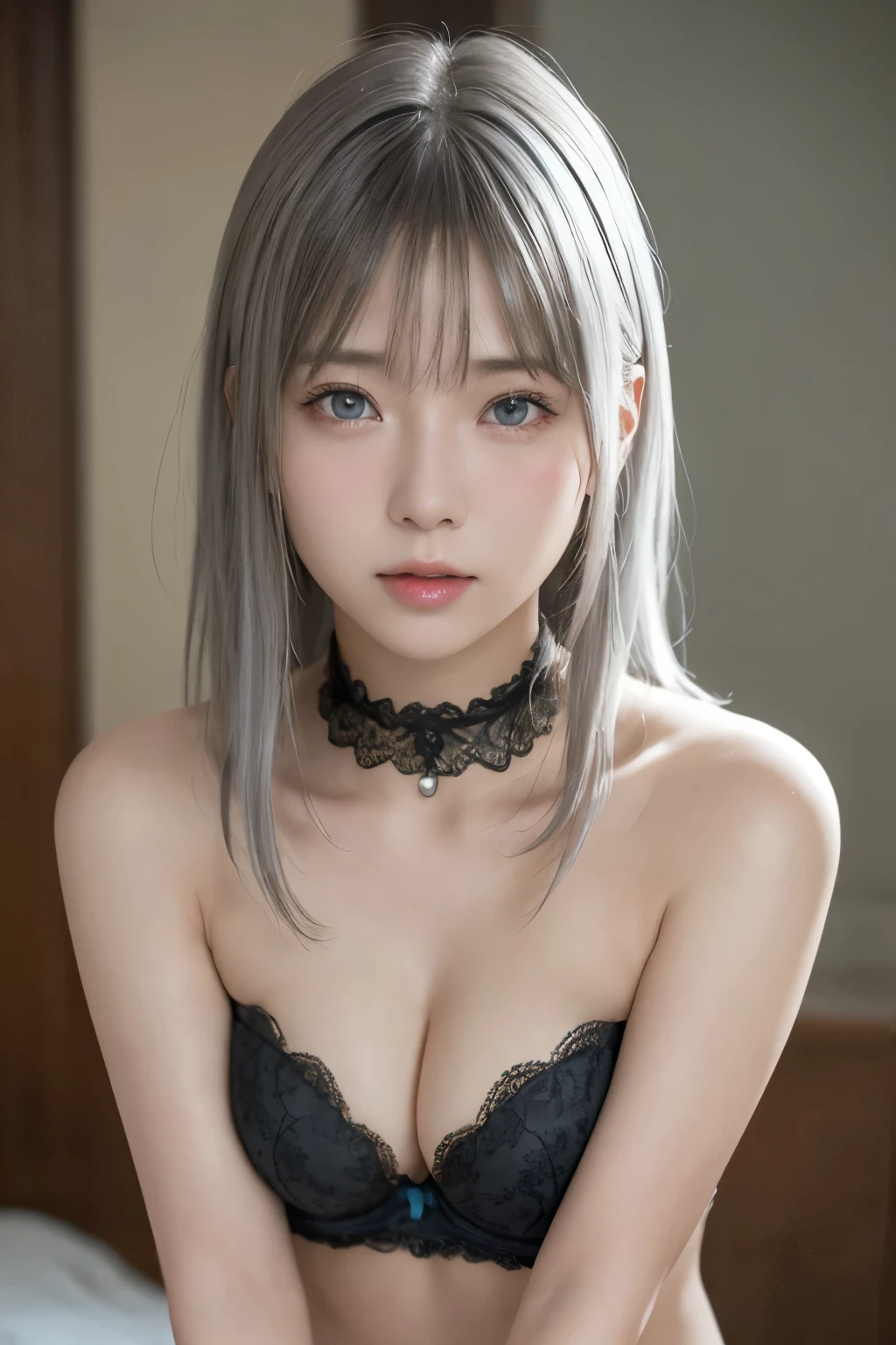 highest quality、8k masterpiece、超A high resolution、(Photorealistic:1.3)、RAW Photos、1 girl、Silver Hair、Glowing Skin、Strapless bra and lace shorts、((Ultra-Realistic Details))、Portraiture、Global Illumination、Shadow、Octane Rendering、8k、Ultra Sharp、、、Metal、Cold colors、、Very intricate detail、Realistic Light、CGSoation trend beautiful eyes、Eyes shining at the camera、Neon Details、****************、Shining turquoise eyes、、Became a slime、Flat body、choker