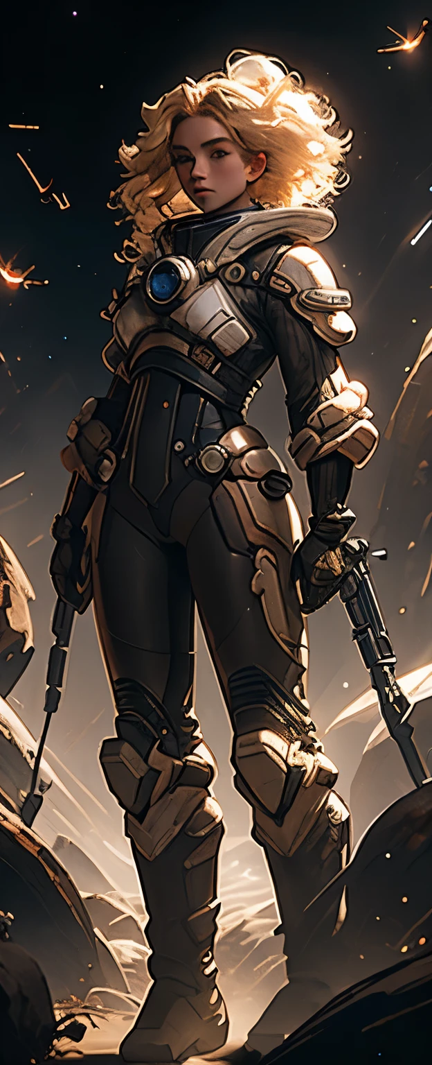 Angry sexy Blonde woman space ranger, full body shot head to toe, exploring a dry rocky almost barren ice planet, running 3/4 profile left, holding a long barrol multishot space hunting rifle, ultra blonde white hair, wavy hair, curly hair, sexy hair, large breasts, wearing ultra dusty wornout clothing, convertable helmet visor down showing ultra beautiful mezmerising face, she is wearing a dry dusting looking leather retro hunting outfit consisting of long brown overcoat leather space ranger form fitting body suit and small amounts of future clothing and space tech, action pose hunting, 36k resolution ultra hyper detailed image, photo-realistic, dehaze, dark of night hunting a nocturnal elusive alien carnivorous animal.,space_girl,Explosive dust
