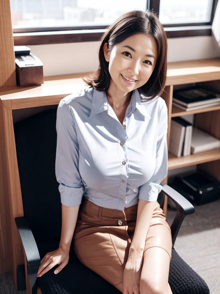 50 year old mature woman、Japanese women、sexy,Fine skin、Star Piece、Beautiful breasts High quality、Perfect Sentence、so beautiful、High resolution face、Light makeup、Beautiful ass high quality、Glowing Beautiful Skin、Glowing Beautiful Skin step piece、Transparent beauty、Realistic、smile、Looking at the camera、Whitening skin、maStar Piece、Wavy Hair、Girlfriend、A tight-fitting shirt with a collar and buttons、Tight mini skirt、Large Breasts、Wrinkles around the eyes、Thin and beautiful legs、Slender、Sitting in a chair in the office