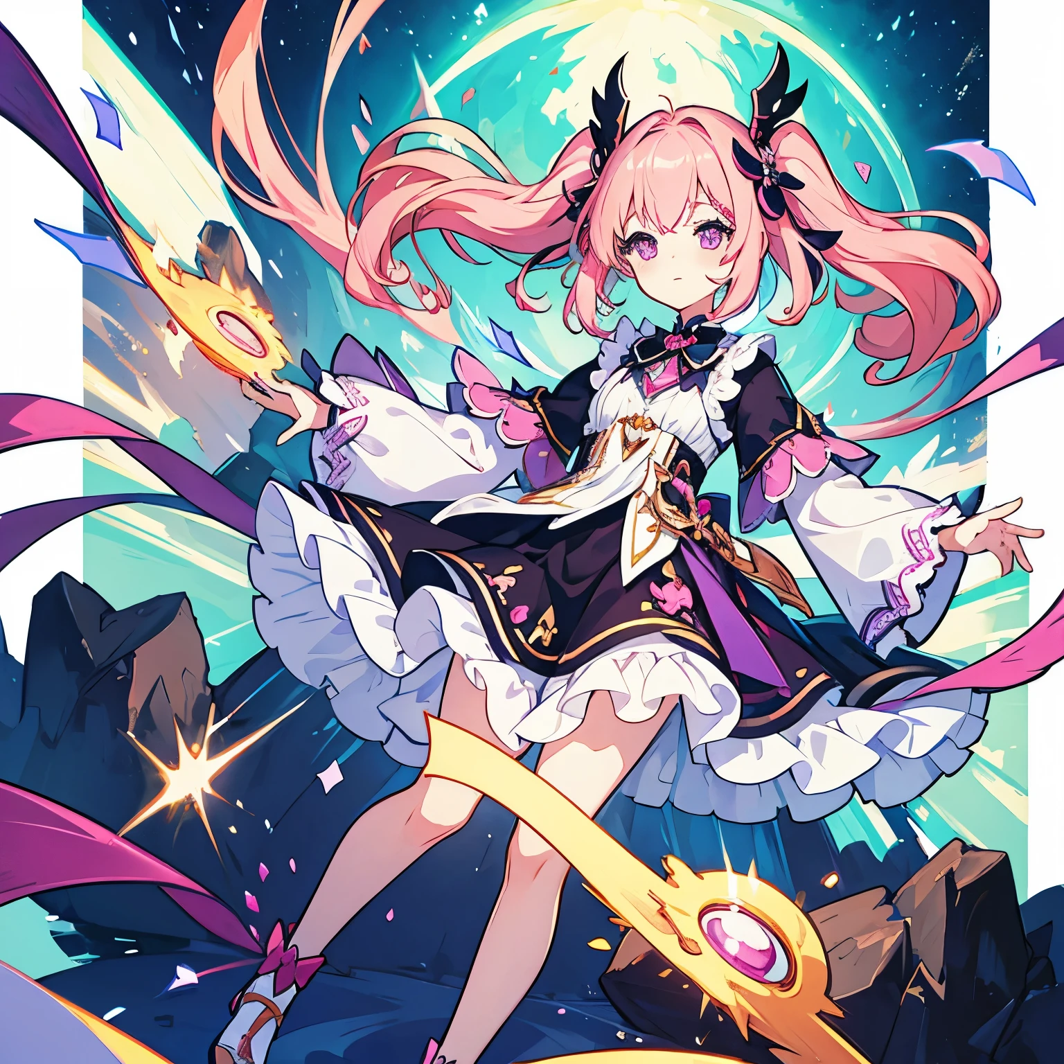 fantasy world girl with colorful hair, accessories, outfit detailed with bow, pink hair, purple eyes, wearing black shorts