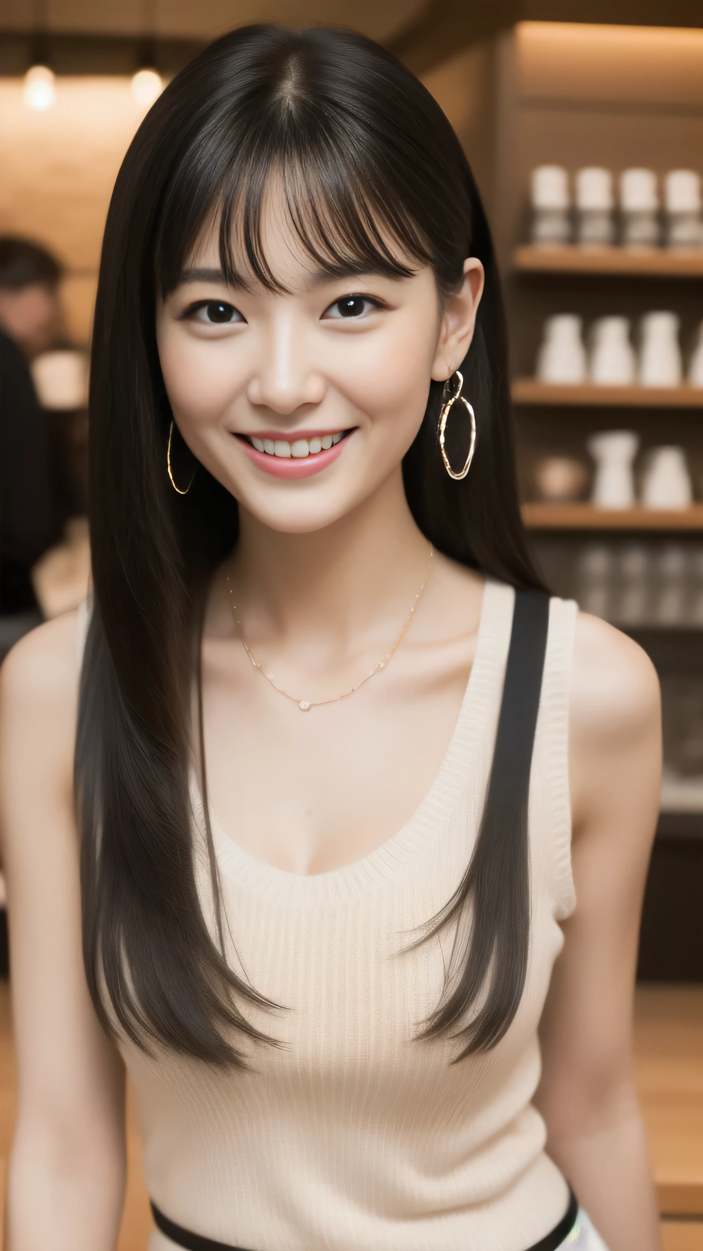 Hostess&#39;s face、Married women、Married Woman、Beauty、White sleeveless knit dress、high quality、Super Ultra Realistic、healthy、smile、Perfect figure、Japanese Beauty、 necklace、Earrings、Perfect eyes, beautiful skin、looking at the camera、Starbucks store