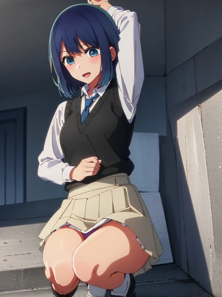 Beautiful lighting, One Girl, solo, Akane, White shirt, (((skirt))),Sweater vest, Black vest, Blue tie, ((Anime Style))、((2D))、Laughter、Open your mouth、Look forward,((Cotton panties with crotch)),(((skirtめくり, I can see your pants))),squat,squat,squat,squat,From below,blush,Embarrassing,skirtを持ち上げる