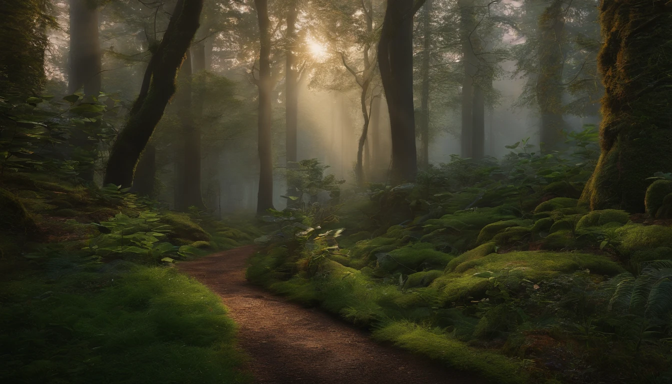 Capture the tranquil beauty of the forest at dusk、Create awe-inspiring works of digital art。. そびえ立つwood々The scene should be depicted bathed in soft light., wood々Golden light shining through, Casting a gentle shadow on the lush undergrowth. The image should evoke a sense of serenity and wonder., Immerse your audience in the fascinating world of nature.