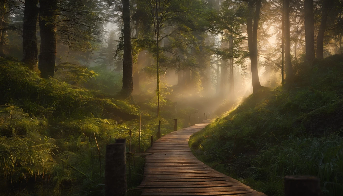Capture the tranquil beauty of the forest at dusk、Create awe-inspiring works of digital art。. そびえ立つwood々The scene should be depicted bathed in soft light., wood々Golden light shining through, Casting a gentle shadow on the lush undergrowth. The image should evoke a sense of serenity and wonder., Immerse your audience in the fascinating world of nature.