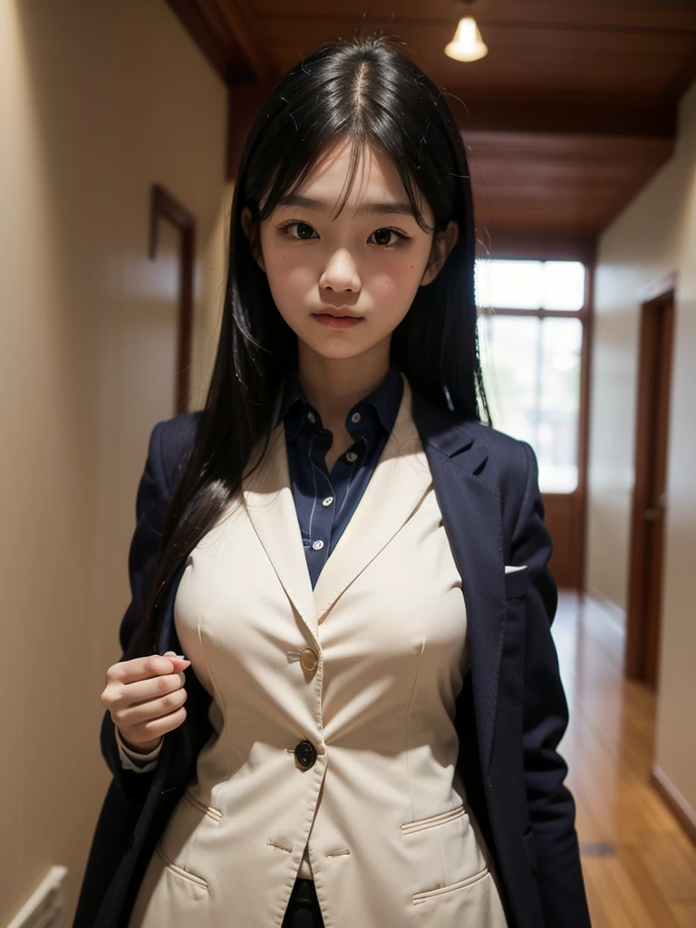 Master quality, highest quality, Best image quality, Exaggerated details, Cute 8 Asian boy with embarrassed expression, I narrowed my eyes a little., Style your hair, Long eyelashes (Long Hair / very, very exaggerated big breasts ), In the hallway, Strike a pose for the camera,Slightly enlarged chest,Blazer uniform