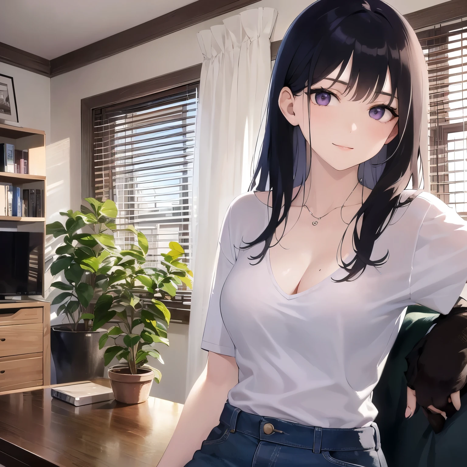 Cleavage, side angle, Upper Body, Realistic, real person, (pale skin: 1.2), shiny skin, shiny hair、(A 25-year-old woman with straight hair and bangs) and (medium hair) and (black hair) and (purple eyes) , (white) and (T-shirt) 、smile, The background is the living room、Alone、Are standing