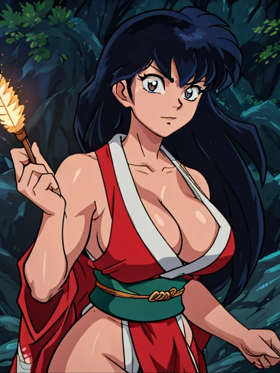 masterpiece, best quality, Kagome Higurashi, 25 years old, matured face, beautiful detailed eyes, ultra detailed eyes, extremely detailed face, large breasts, cleavage, very busty, big hips, strong muscles, athletic physique, She stands tall while wearing a short green kimono. she's looking directly at the camera with an confident smirk. Her gaze is both alluring and fierce as she is in a fighting stance. cowboy shot, Perfect Anatomy,(Professional Lighting), 4k textures, epic artistic, sharp focus, even lighting, insane details, intricate details, hyperdetailed, rich colors, BREAK Outdoors, forest, Japanese architecture in the background