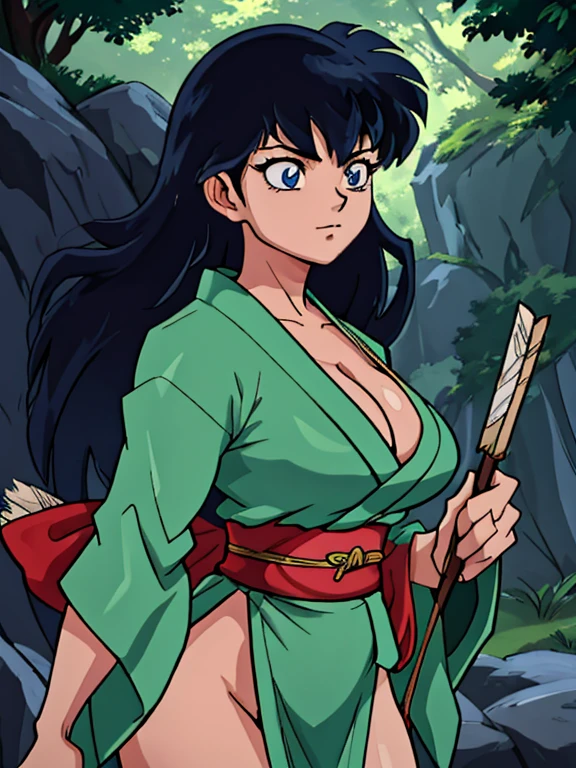 masterpiece, best quality, Kagome Higurashi, 25 years old, matured face, beautiful detailed eyes, ultra detailed eyes, extremely detailed face, large breasts, cleavage, very busty, big hips, strong muscles, athletic physique, She stands tall while wearing a short green kimono. she's looking directly at the camera with an confident smirk. Her gaze is both alluring and fierce as she is in a fighting stance. cowboy shot, Perfect Anatomy,(Professional Lighting), 4k textures, epic artistic, sharp focus, even lighting, insane details, intricate details, hyperdetailed, rich colors, BREAK Outdoors, forest, Japanese architecture in the background
