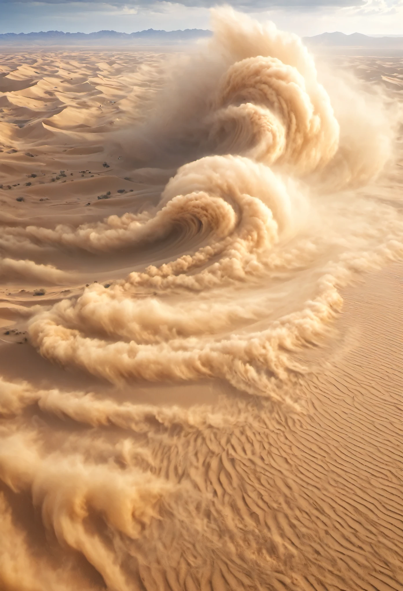 masterpiece, best quality, extremely detailed, hyperrealistic, photorealistic, aerial view shot, desert, sand vortex, sandstorm, strong wind, wave