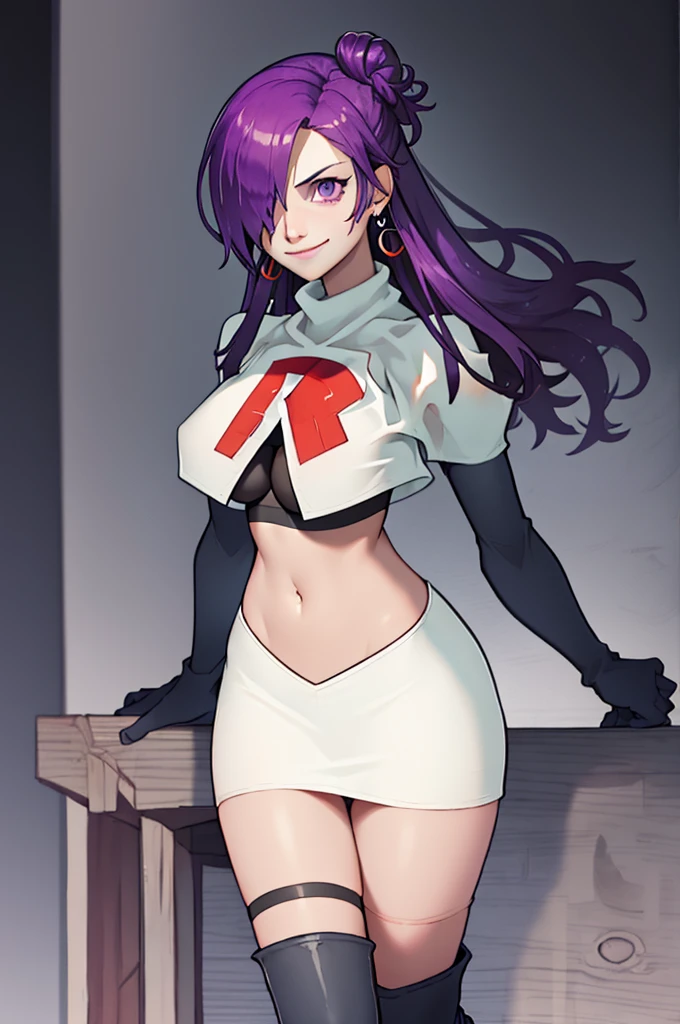 masterpiece, best quality, shez, hair over one eye, purple hair, Team rocket, team rocket uniform, red letter R, white skirt,white crop top,black thigh-high boots, black elbow gloves, evil smile, night sky background, earrings, large breasts, high-heeled boots