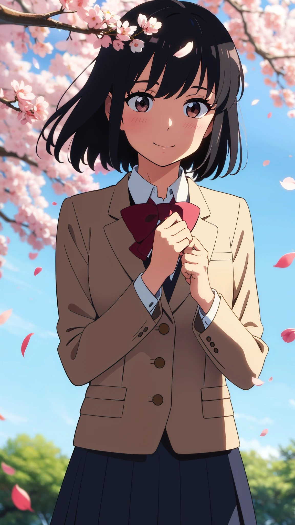 shinkai makoto, kimi no na wa., 1girl, bangs, black hair, blush, brown eyes, shiny skin, red headband, red bow, red ribbon, collared shirt, white shirt, black blazer, white skirt, short hair, smile, cute, solo, happy, beautiful, looking at the viewer, long sleeves, cherry_blossoms, falling_petals, petals, branch, pink_flower, blue_sky, sunlight, spring_season, wind, tree