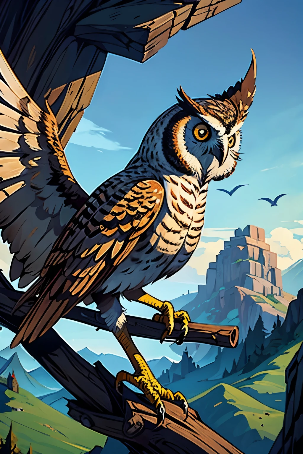 Create a half owl hybrid with owl features and feathers for a DND RPG with owl wings and eyes