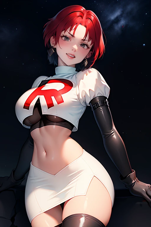 feMonica, short hair,red eyes ,glossy lips , Team rocket, team rocket uniform, red letter R, white skirt,white crop top,black thigh-high boots, black elbow gloves, evil smile, night sky background, earrings, large breasts, high-heeled boots