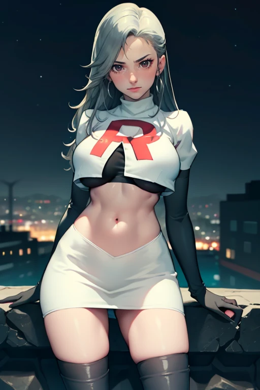 saep5 ,glossy lips , Team rocket, team rocket uniform, red letter R, white skirt,white crop top,black thigh-high boots, black elbow gloves, evil smile, night sky background, earrings, large breasts, high-heeled boots