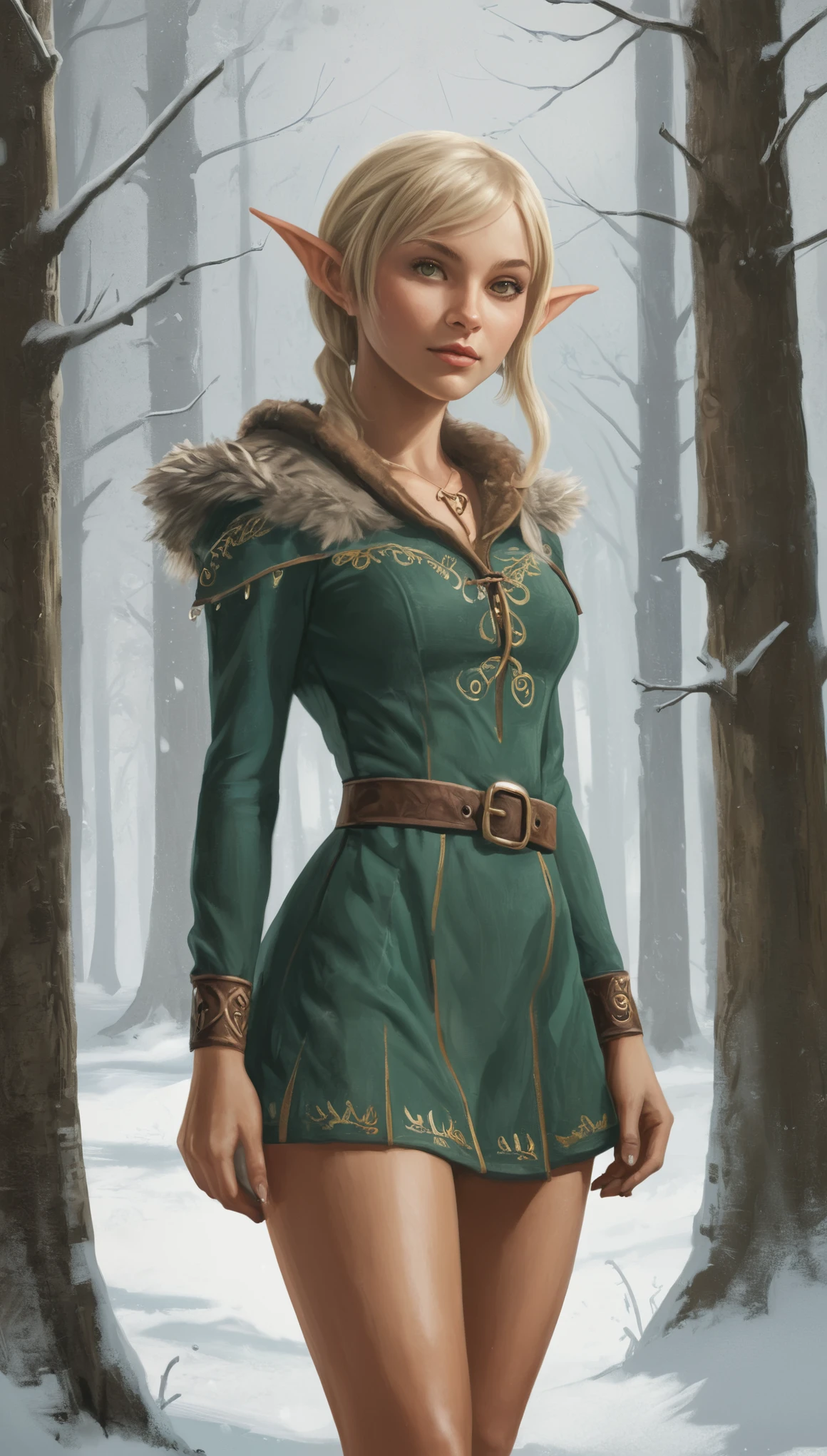 An illustrated movie poster, hand-drawn, full color, a age elven girl, wearing a corduroy mini-dress, sun-tanned complexion, very tall, athletic body, hourglass figure, curvy, slightly chubby, bottom-heavy, generous hips, massive bubble-butt, long legs, ridiculously thick powerful thighs, bright hazel eyes, long pointy elf ears, ash blonde hair, shaggy bob, posing in a snowy forest, hard shadows, graphite shading, stencil marks, airbrushed acrylic paint, masterpiece, in the style of Grand Theft Auto V