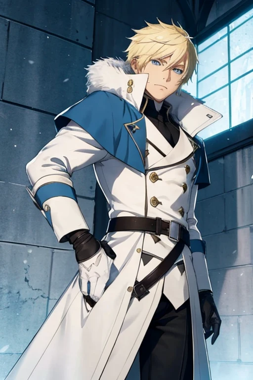 Jaune Arc, a blonde blue-eyed teen from the American animated show RWBY, is a Sternritter, a group of elite warriors known as Quincies from the Japanese anime, Bleach.

He is wearing a white trenchcoat with a fur collar, golden pauldrons on his shoulder and and silver vambraces. Underneath his coat is a white turtle-necked tunic with blue lines highlighting the seams.

