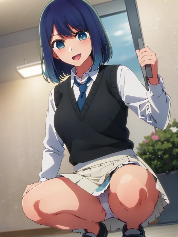 Beautiful lighting, One Girl, solo, Akane, White shirt, (((skirt)))，Sweater vest, Black vest, Blue tie, ((Anime Style))、((2D))、Laughter、Open your mouth、Look forward，((Cotton panties with crotch))，(((skirtめくり, I can see your pants)))，squat，squat，squat，squat，From below，blush，Embarrassing，skirtを持ち上げる