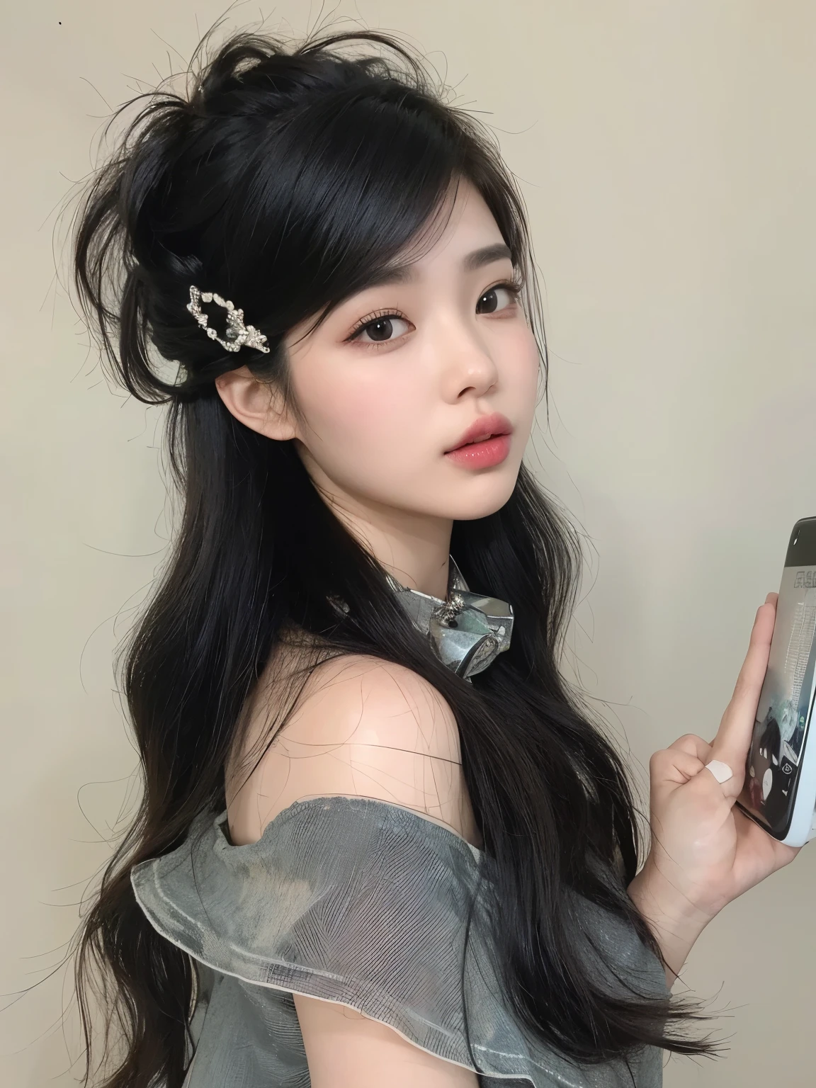masterpiece, best quality, Girl with black curly hair,Black long curly hair,Detailed facial structure,pretty girl,Half tied hair、Slanted bangs hairstyle,
