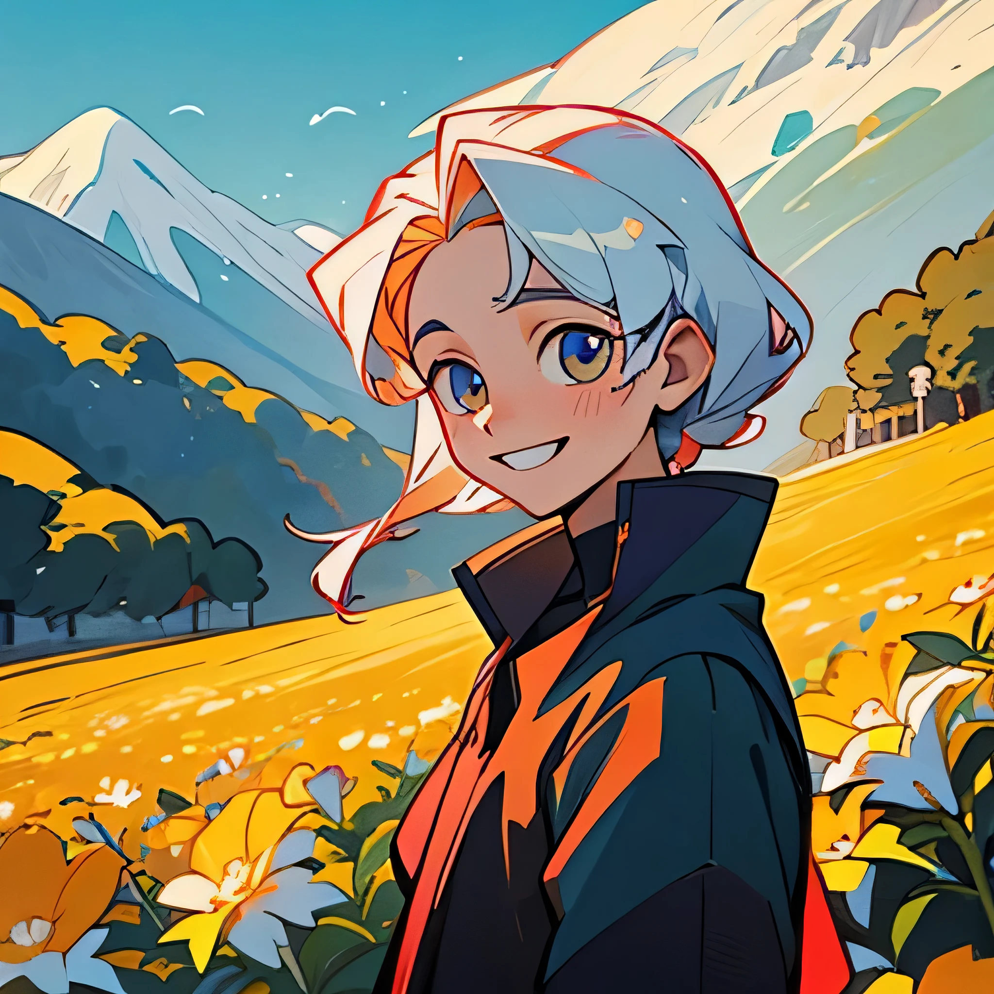 16yo boy, ojos color miel, cabello blanco, sonriendo, the background is a flower in the mountains