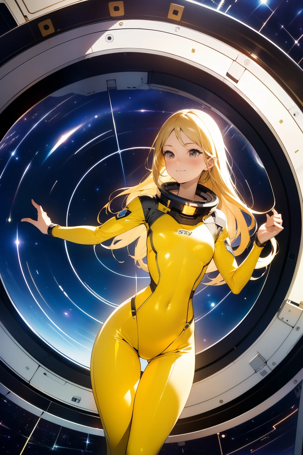 (masterpiece, best quality:1.2), (cowboy shot:1.1), solo, 1girl, mori yuki, slight smile, closed mouth, side view, looking at viewer, blonde hair, long hair, thigh gap, yellow bodysuit, skin-tight, perfect body, large window, (starship porthole:1.3), (spread legs:1.3), (standing:1.1), thigh gap, sensual pose, sideview, perfect hands, bright starship interior, (outer space view:1.1), (orbital view:1.3), (night, stary sky:1.5), milky way