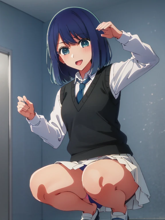 Beautiful lighting, One Girl, solo, Akane, White shirt, (((skirt))),Sweater vest, Black vest, Blue tie, ((Anime Style))、((2D))、Laughter、Open your mouth、Look forward,((Cotton panties with crotch)),(((skirtめくり, I can see your pants))),squat,squat,squat,squat,From below,blush,Embarrassing,skirtを持ち上げる