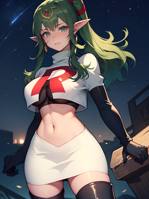 tiki fe, pointy ears ,earrings, glossy lips , Team rocket, team rocket uniform, red letter R, white skirt,white crop top,black thigh-high boots, black elbow gloves, evil smile, night sky background, earrings, large breasts, high-heeled boots