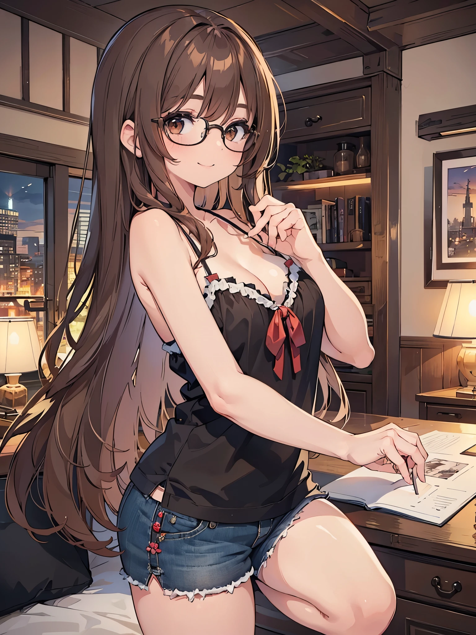 1 Female、Brown hair、Brown Eyes、Best Quality、Super detailed、8 Resolution、Raw photo、Mastepiece、Perfect Body、high resolution、highest quality、Detailed drawing、Vibrant colors、lure、smile、Long Hair、Black-rimmed glasses、Captivating breasts、camisole、Shorts、Bedroom