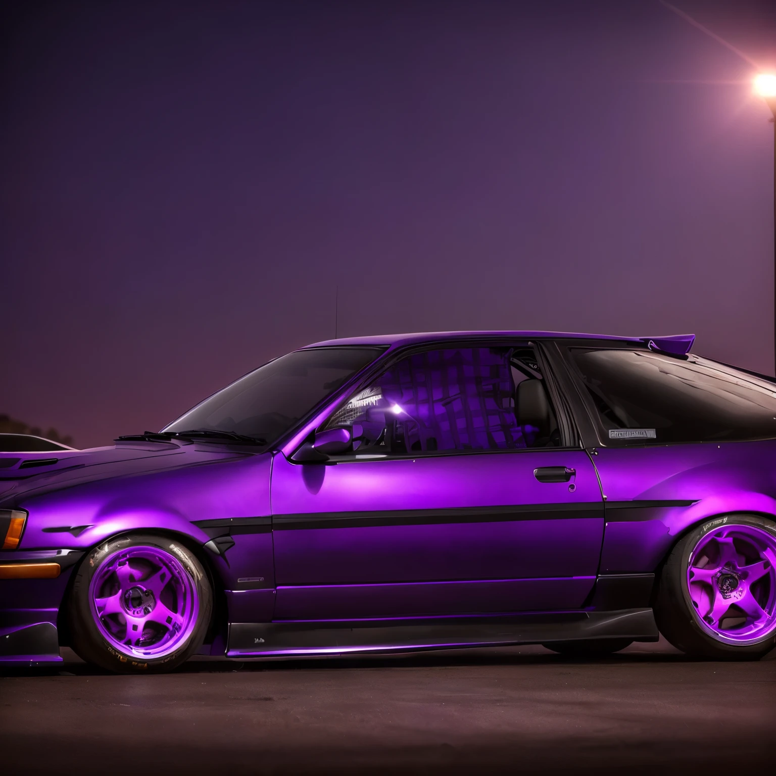 purple car with a purple basket on the hood, ae 8 6, Japanese drift car, mid Golpe en el cuerpo, cuerpo ancho, vista completa de un auto, some purple, low purple flame, en una pista de carreras callejera, modificado, Golpe en el cuerpo, purple tint, purple body, draped in purple, coche a la deriva, Epic Stance, A la deriva en una esquina, JDM, purple