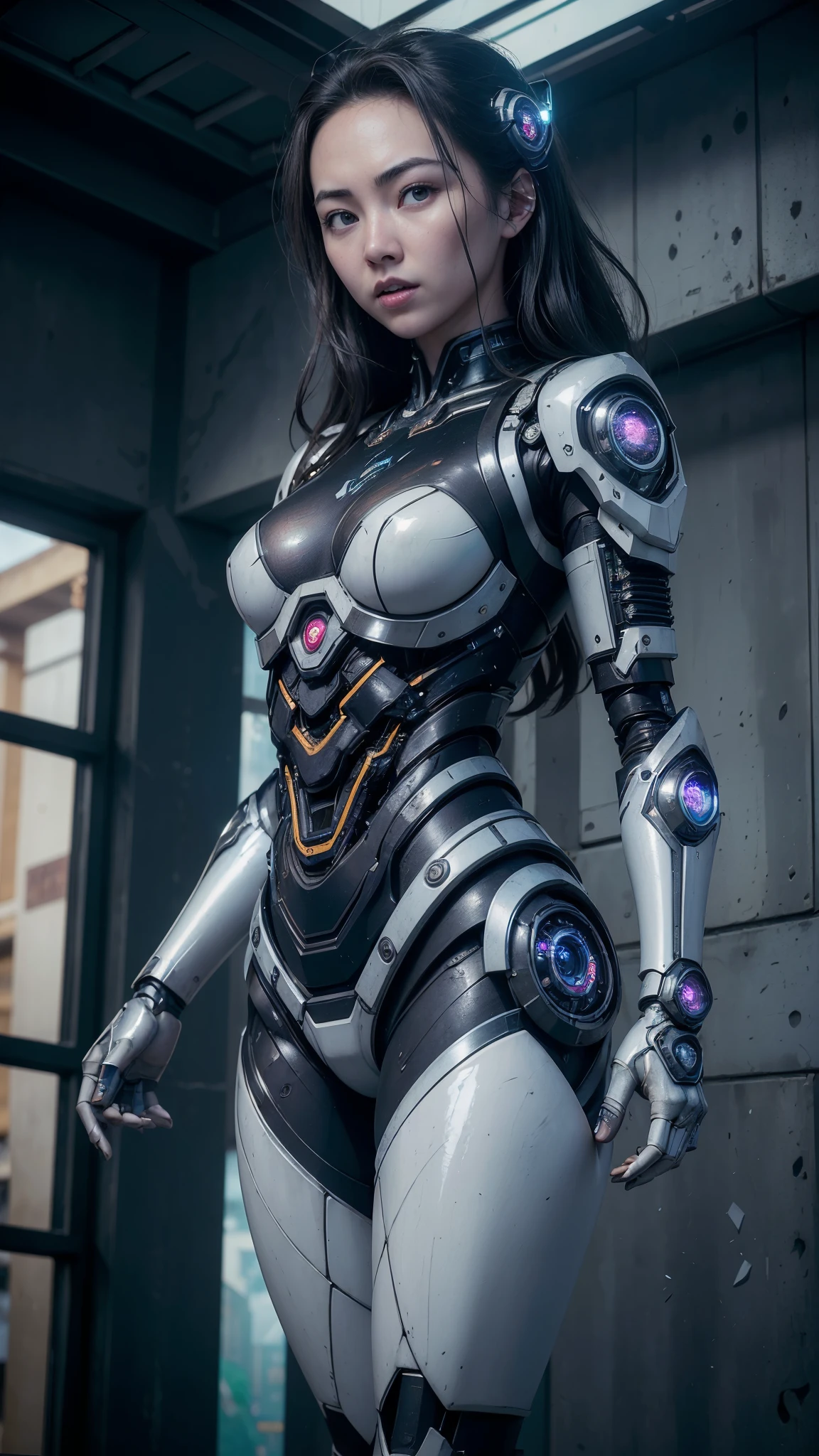 (((Jessica Henwick con una armadura futurista de asesino ninja cyberpunk, shiny robotic ninja armor )), (dynamic pose), (Obra maestra),(cabello white canoso:1.4), (hyper realista:1.4), (realista:1.3), (Piel de textura real de la mejor calidad.),,(Fondo de ruinas de mazmorra en ruinas:1.4 ),  (cinematic lighting), (Escena de pelicula), 1mujer hermosa, (luz brillante), piel muy detallada, poros de la piel, (cara muy detallada:1.1), (ojos muy detallados:1.1), realista pupils, (perfect anatomy:1.1), (proporciones perfectas:1.1), (Photography:1.1), (photorealista:1.1), volumetric lighting, dynamic lighting, sombras reales, (high resolution:1.1), Sharp focus, (realista, hyperrealista:1.4), intrincado, Alto detalle, dramatic, subsurface dispersion, gran profundidad de campo, vivid, Pulido, afilado, ((completo agudo)), (extremadamente absurdos),8KHDR, ((fondo ciberpunk de la ciudad de Hong Kong)), (Jessica Henwick:1.4), (Jessica Henwick V2.1), (mechanical cyborg transparent glass white :1.4), (colores brillantes), (rear view, backside view),(dedos manos perfectas detailed : 1.4), ,(Fondo de ruinas de mazmorra en ruinas tenebroso :1.4 )