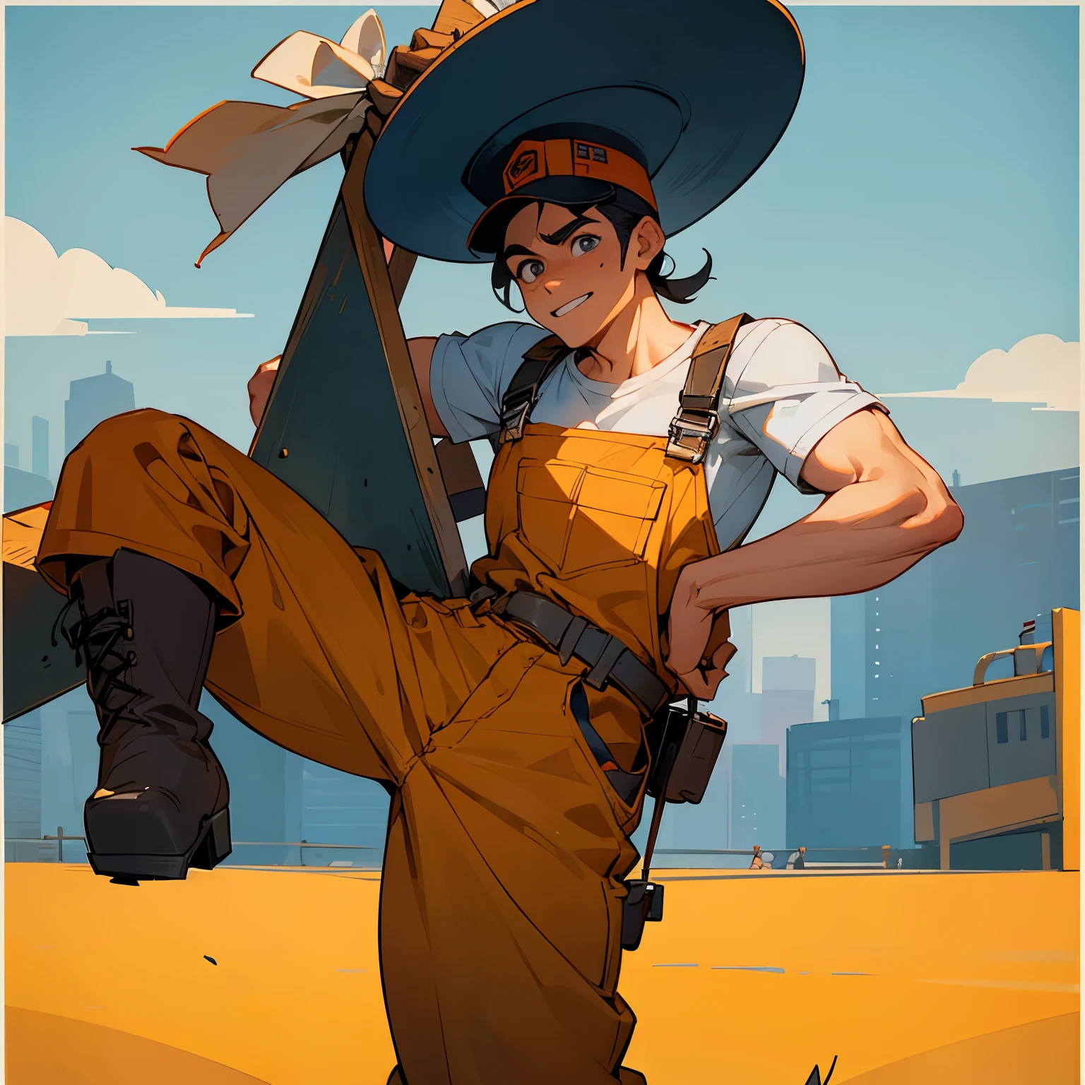 Avatar of a worker in overalls, boots, hat written on the overalls, fitness man on the hat also saying he is a strong worker