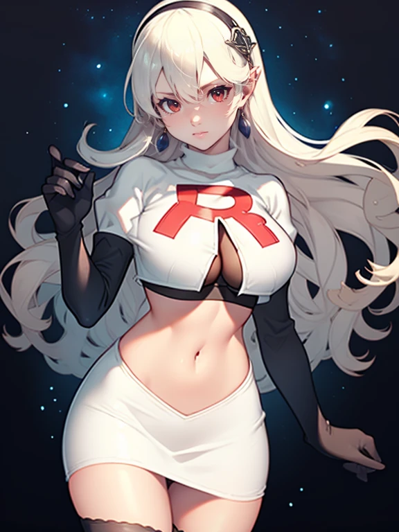 defCorrin, black hairband ,earrings, glossy lips , Team rocket, team rocket uniform, red letter R, white skirt,white crop top,black thigh-high boots, black elbow gloves, evil smile, night sky background, earrings, large breasts, high-heeled boots