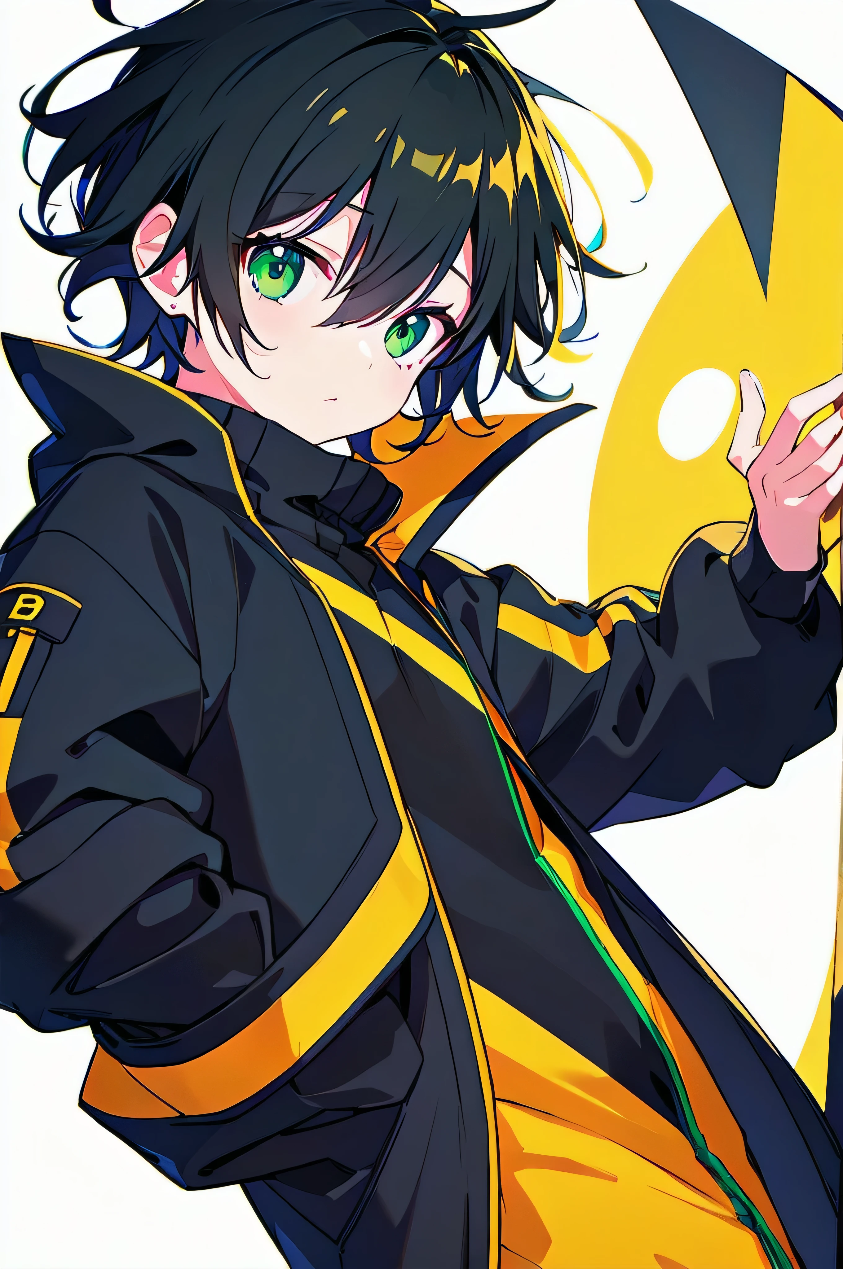 [(WHITE BACKGROUND:1.5),::5], ((((masterpiece)))), high quality, ultra_very_high_resolution, large_filesize, (green base), full color, ((solo)), ((little boy)), (((black short hair))), green eyes, anime, neon light, black parka,