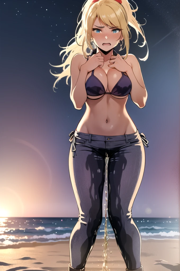 samus aran, (facing viewer:1.25), ponytail, large breasts, hair tie, (bikini top:1.5), (jeans:1.25), (standing straight:2.0), peeing herself, (wetting herself:1.5), very large peeing stain, huge pee stain, best quality, ultra-detailed, HDR, studio lighting, professional, vivid colors, sharp focus, physiologically-based rendering, bokeh, landscape, blue color palette, soft lighting, dynamic shadows, (hands on thighs:1.5), embarrassed, humiliation, blushing, angry, tears, (facing viewer:2.0), full body, high heels, (day:1.5), (daytime:1.5), (beach:1.5), (ocean:1.5), (shoal:1.5), (sand:1.5)