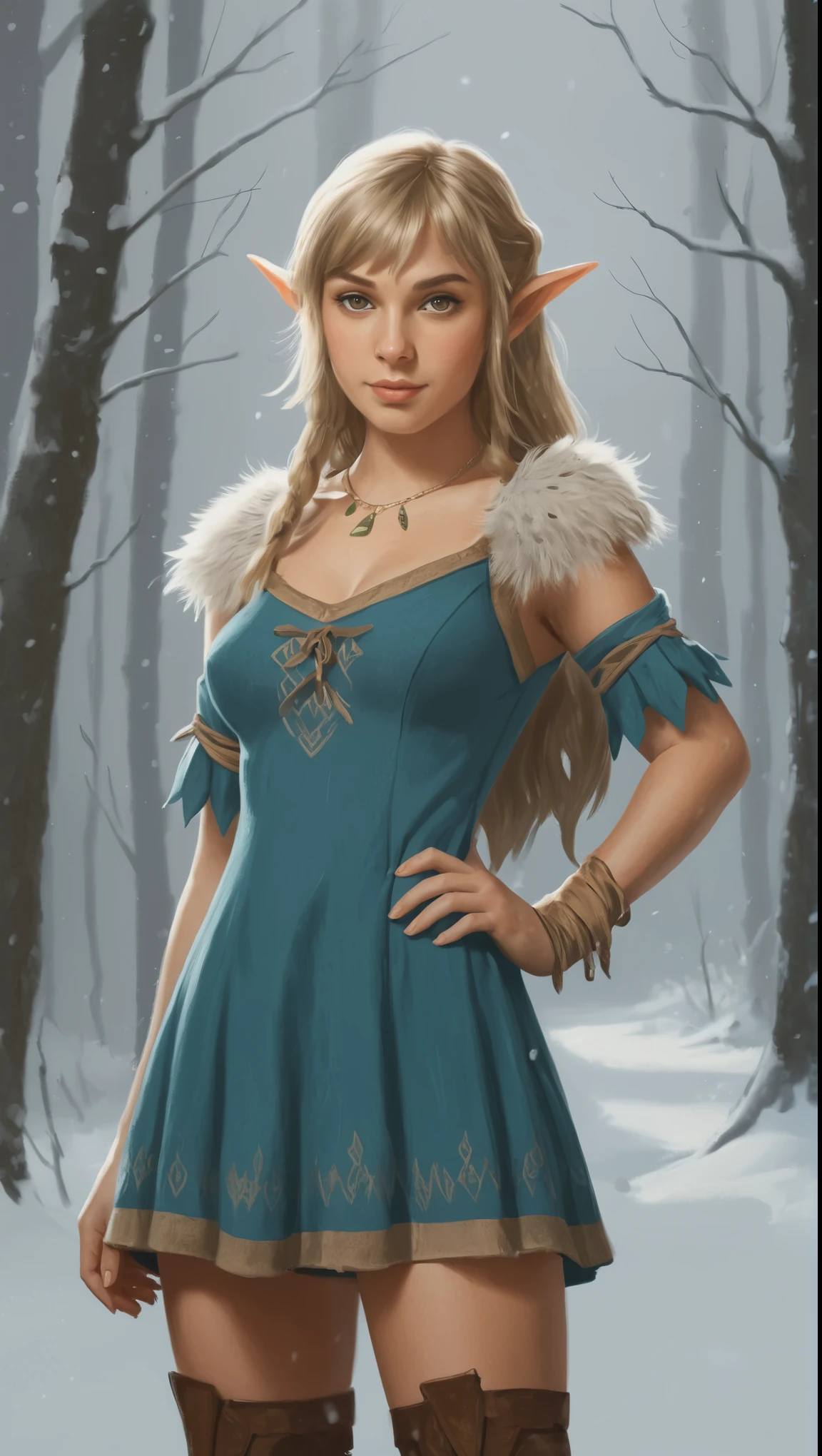 An illustrated movie poster, hand-drawn, full color, a teenage elven girl, wearing a corduroy mini-dress, sun-tanned complexion, very tall, athletic body, hourglass figure, curvy, slightly chubby, bottom-heavy, generous hips, massive bubble-butt, long legs, ridiculously thick powerful thighs, amber brown eyes, long pointy elf ears, ash blonde hair, shaggy bob, posing in a snowy forest, hard shadows, graphite shading, stencil marks, airbrushed acrylic paint, masterpiece, in the style of Breath of the Wild