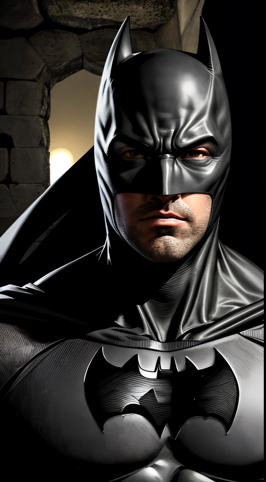 1 homem, Sozinho, Ben Affleck como Batman, Alto, chunk, muscular, volume, ombro largo, fotorrealismo, terno cinza escuro e sujo, Dark gray arms, ((without mask)), throw away mask, cabelo preto, luvas pretas, melhor qualidade, obra de arte, high resolution:1.2, capa preta, Highly detailed mask, terno altamente detalhado, rosto altamente detalhado, premiado, night time, uma caverna escura ao fundo, dentro de casa