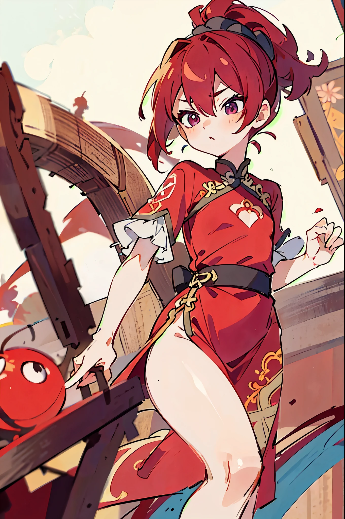 highest quality, masterpiece,China dress、Crimson Hair、Hair between the eyes、ponytail、Brat、Saucy、8age、Small breasts、Dynamic Angle、