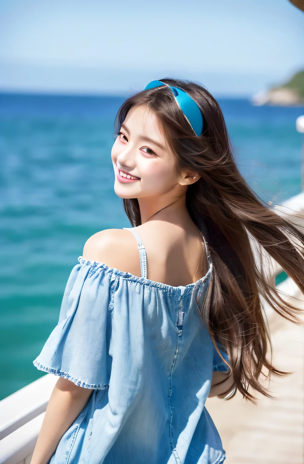 realistic, high resolution, 1 girl, long hair, korean,Super Beauty、Take a stroll with a soft serve ice cream in hand、Date、View of the sea、Looks happy、Off-the-shoulder shirt、denim、hair band、Bangleake